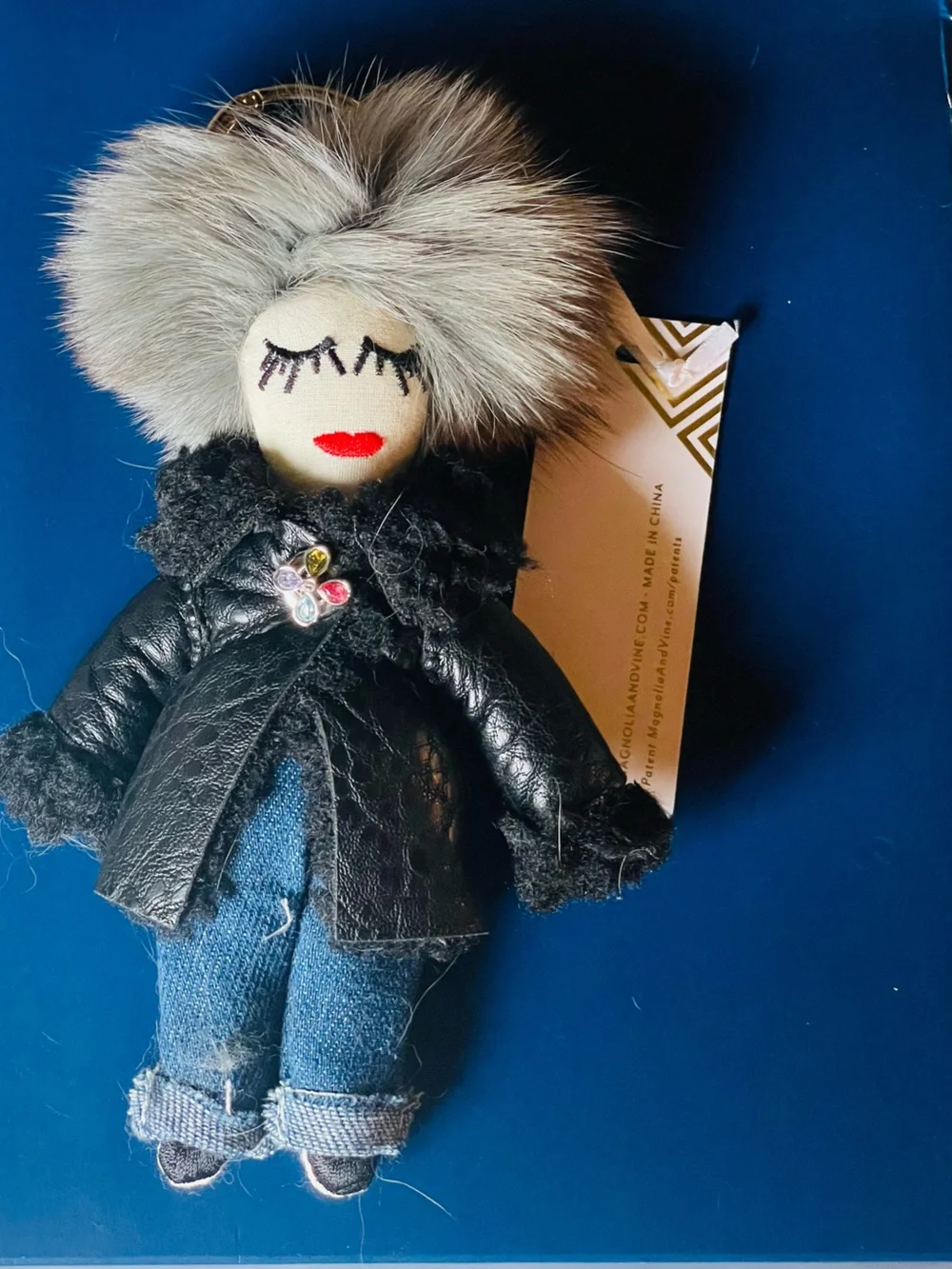 Plush Doll Keychain Card Holder - Black Coat with Gray Fur